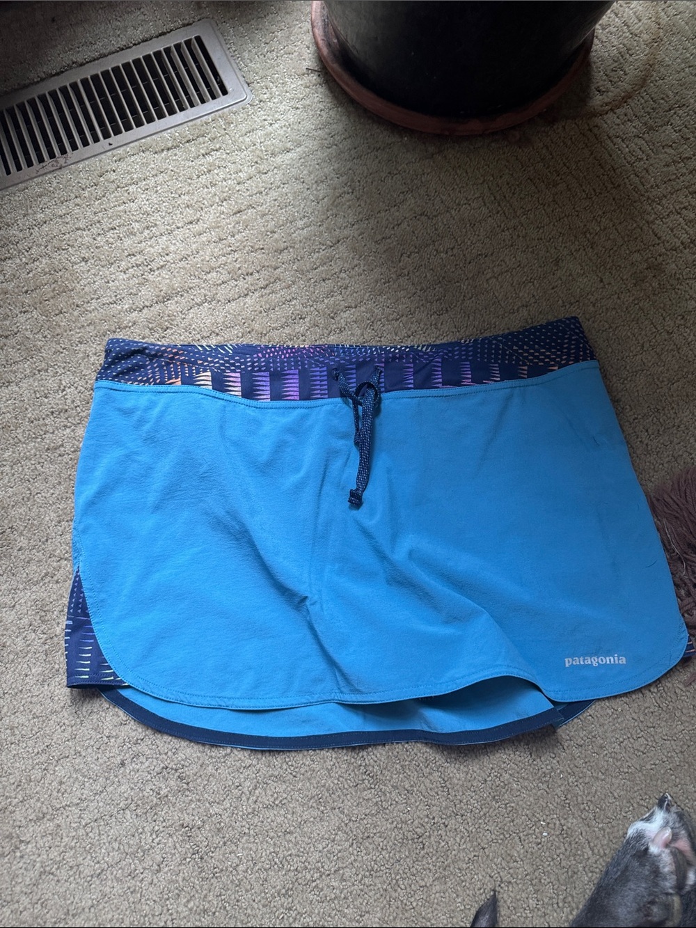 Patagonia Blue Athletic Skort with Purple-Patterned Waistband